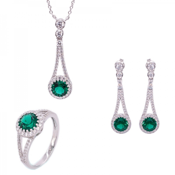 Anel de prata clássico, brincos e colar de jóias com nano verde 