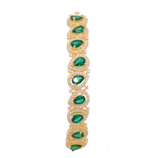 configuração de pulseira de prata banhado a ouro com pêra forma verde nano 