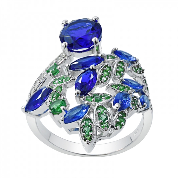 forma de folha nano anel azul e verde em prata de lei 925 