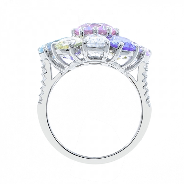 rhodium chapeado anel de prata da forma da flor do arco-íris 