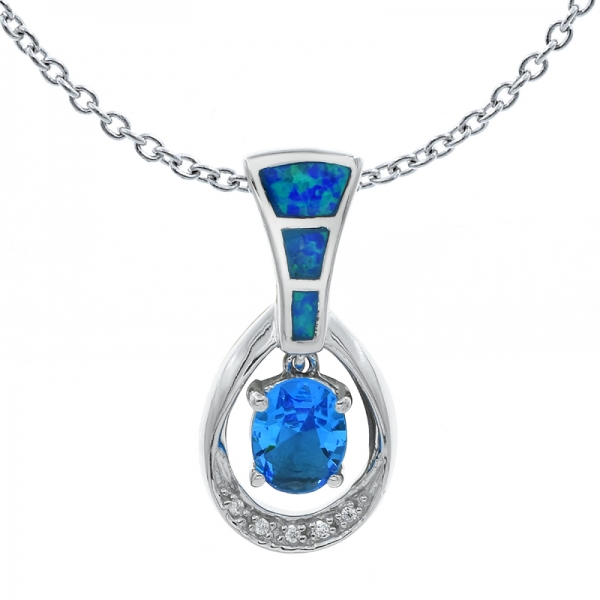 pingente de opala com pedras azuis do oceano em prata de lei 925 