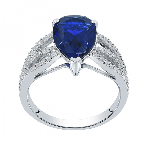 anel de senhoras banhado a ródio clássico com forma de pêra azul nano 