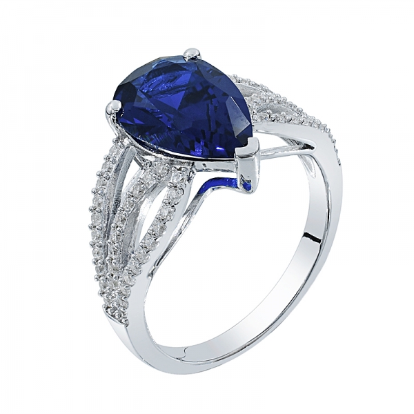 anel de senhoras banhado a ródio clássico com forma de pêra azul nano 