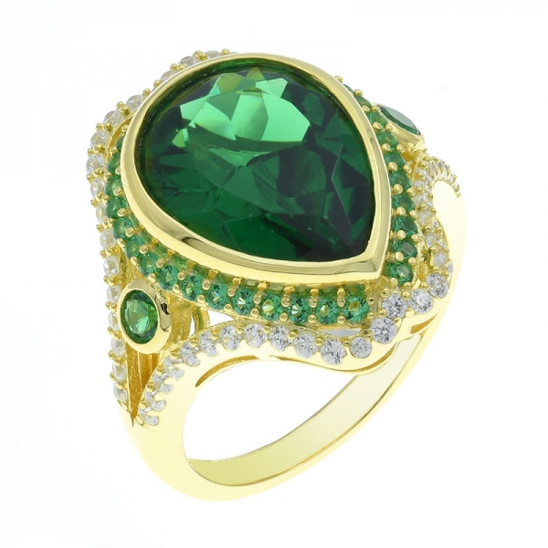 925 banhado a ouro pêra forma verde anel nano 