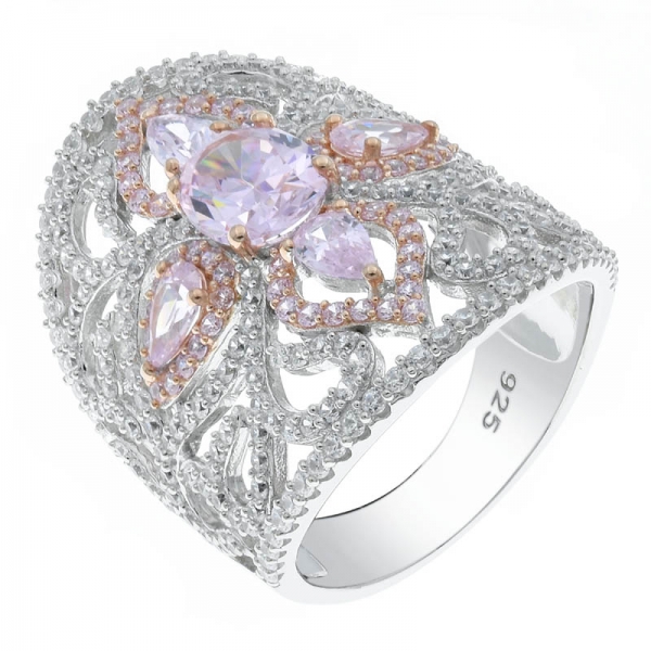 925 prata esterlina filigrana diamante rosa cz anel 