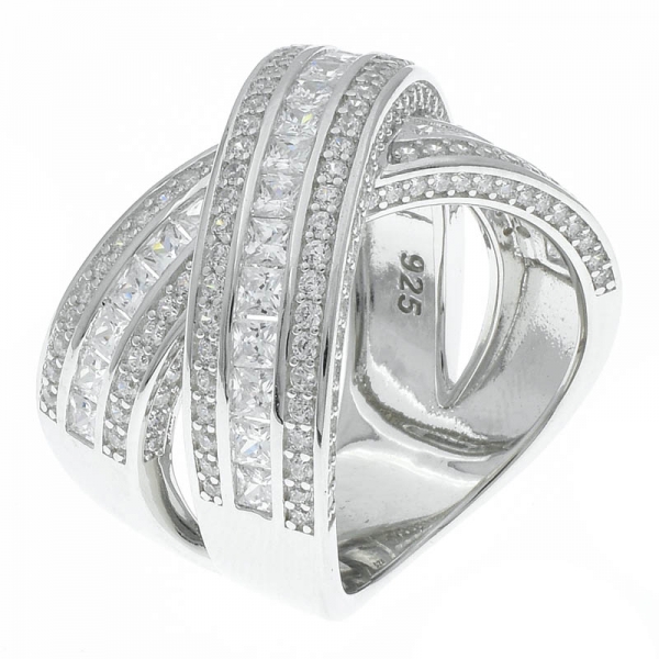 925 sterling silver criss cross anel de jóias com pedras claras 