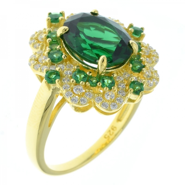 925 jóias de prata banhado a ouro anel de flor com nano verde 