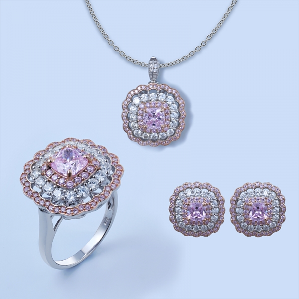 925 jóias de renda de prata conjunto de jóias com forma de almofada de diamante rosa cz 
