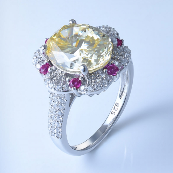 diamante brilhante cor cz amarelo com corindo vermelho embelezado 925 anel de prata esterlina 