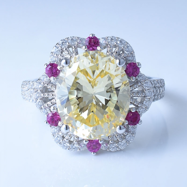 diamante brilhante cor cz amarelo com corindo vermelho embelezado 925 anel de prata esterlina 