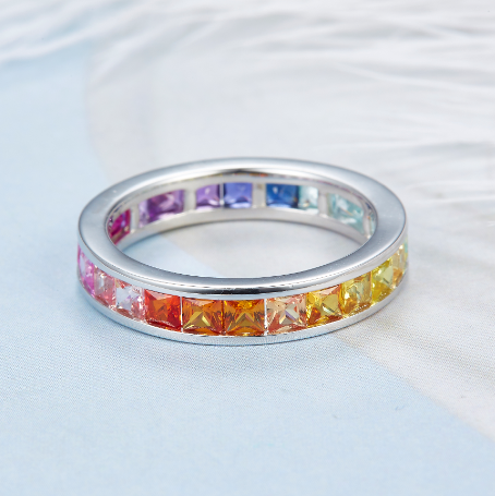 Atacado 925 sterling silver princess cut rainbow configurações anel de cor para as mulheres 