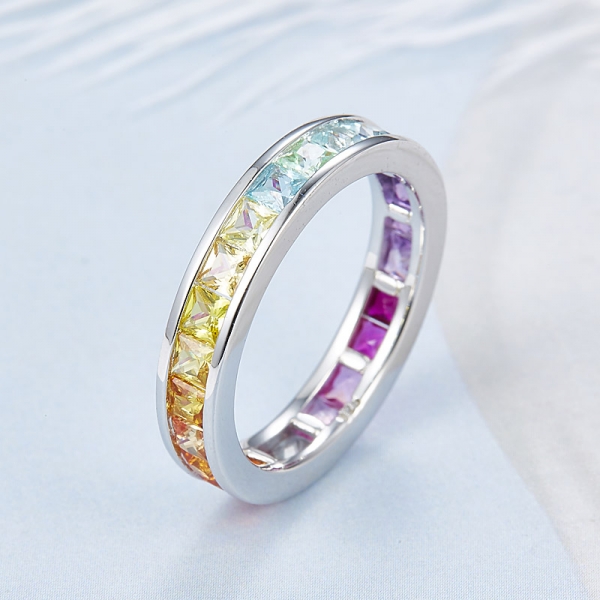 Atacado 925 sterling silver princess cut rainbow configurações anel de cor para as mulheres 