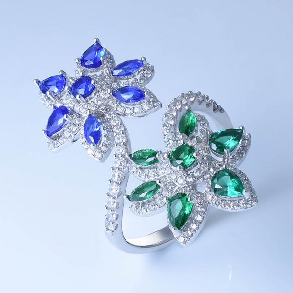 Anel de flor dupla bela prata esterlina 925 com cz / nano multicolorido 
