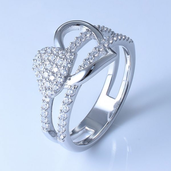925 anel duplo em forma de coração de prata esterlina com cz branco 