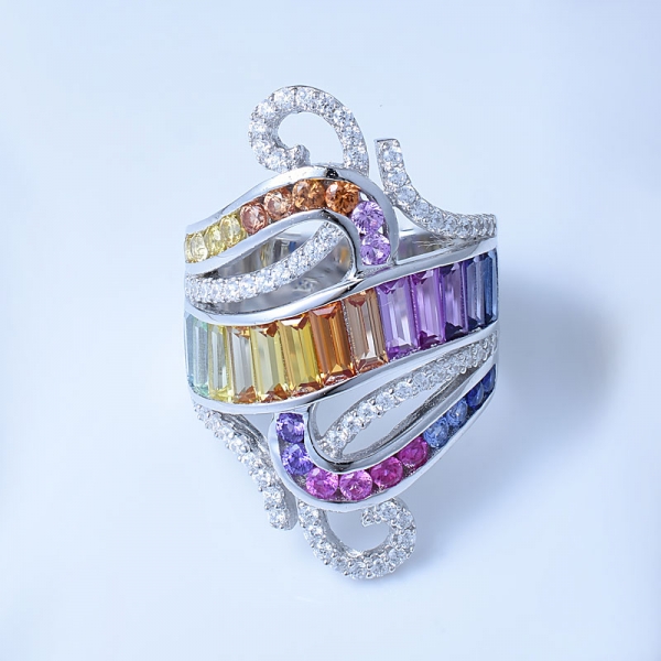 atacado baguette arco-íris cor corindo anéis de prata de noivado do vintage 