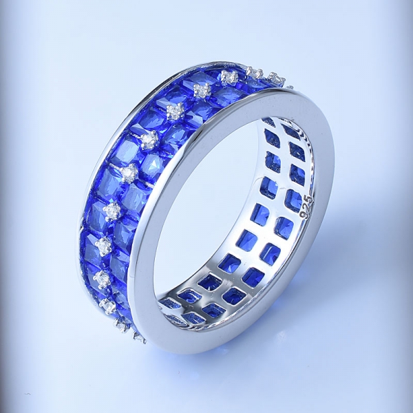 laboratório quadrado criado safira azul belo padrão anel de prata 