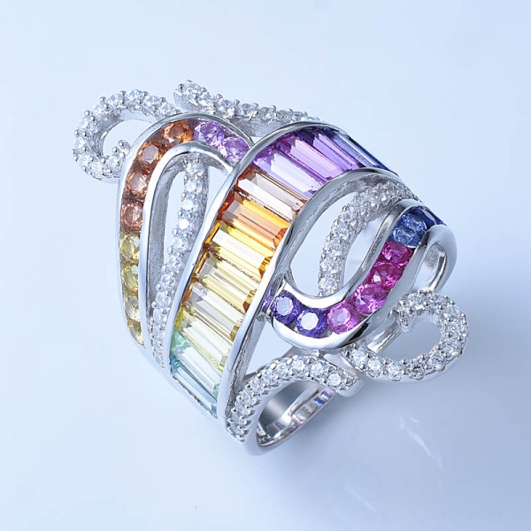 atacado baguette arco-íris cor corindo anéis de prata de noivado do vintage 