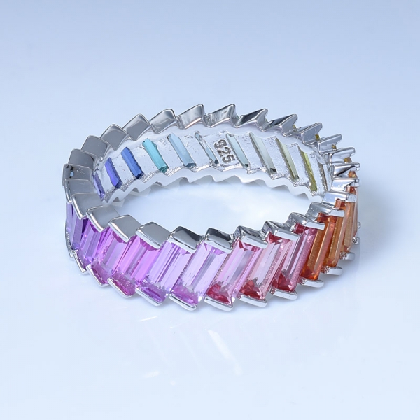 arco-íris ródio colorido sobre 925 anel de infinito em forma de baguete de prata esterlina 