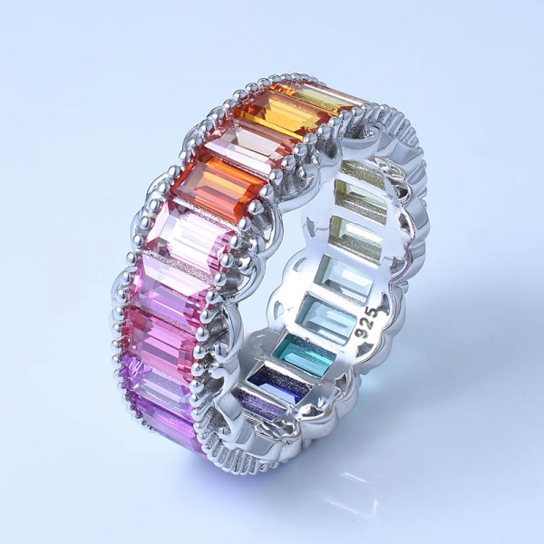 baguete arco-íris cor ródio sobre 925 anel de prata infinito 
