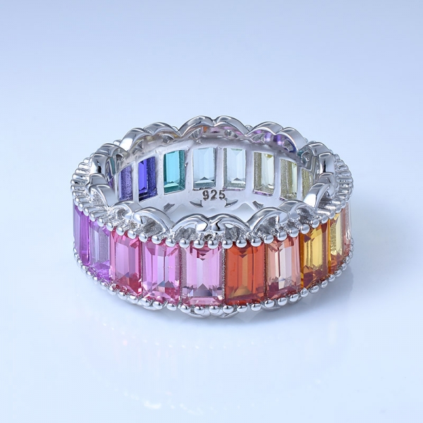 baguete arco-íris cor ródio sobre 925 anel de prata infinito 