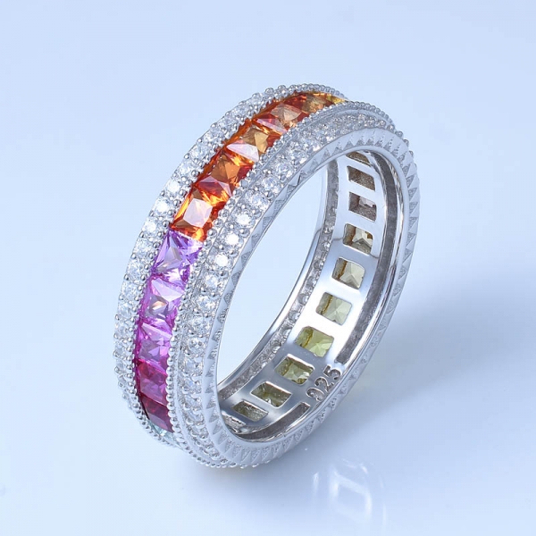 arco-íris ródio colorido sobre 925 prata esterlina princesa cortar anéis de noivado 