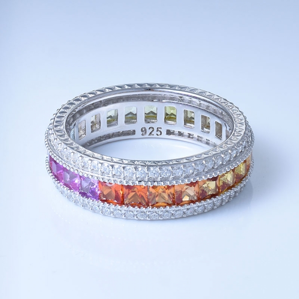 arco-íris ródio colorido sobre 925 prata esterlina princesa cortar anéis de noivado 