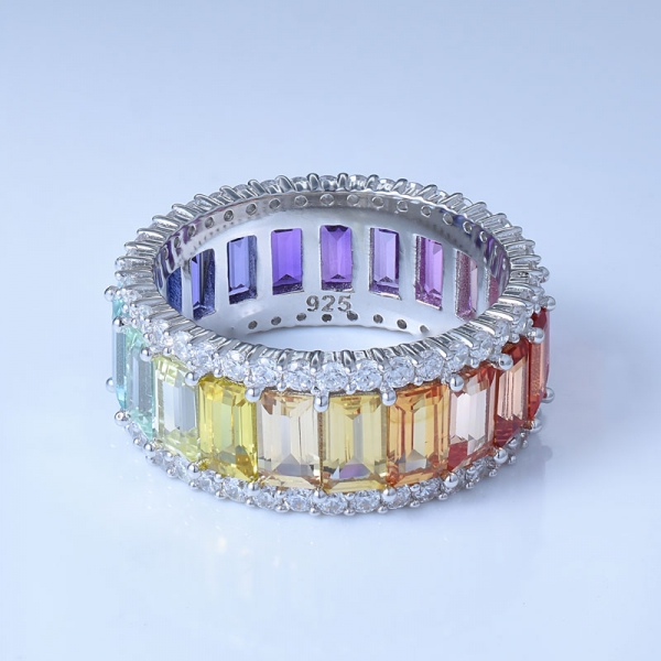 arco-íris ródio colorido sobre 925 anéis de noivado de prata esterlina cúbicos de zircônia 