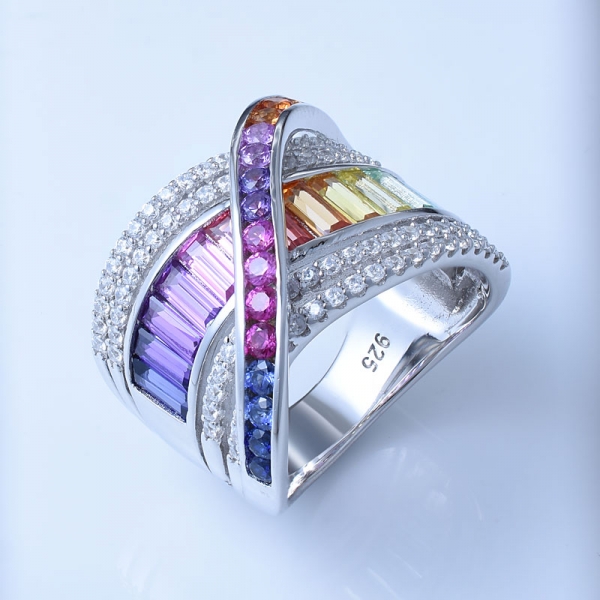 arco-íris multi cor ródio sobre anéis de prata esterlina riband 
