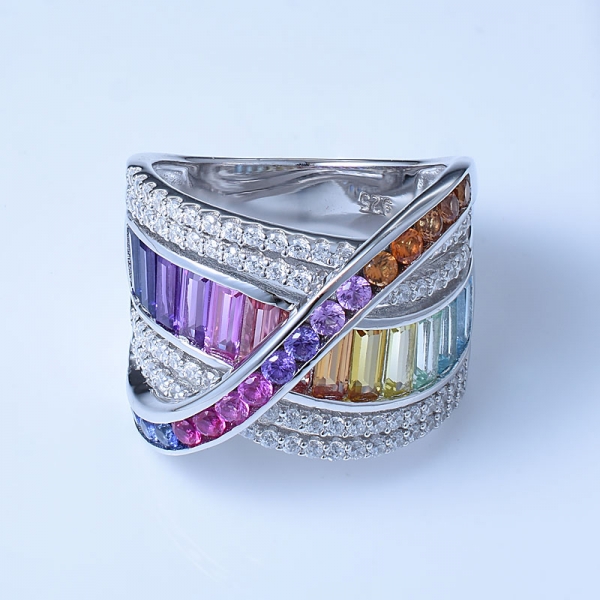 arco-íris multi cor ródio sobre anéis de prata esterlina riband 