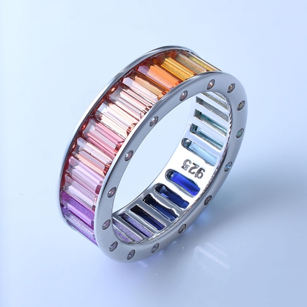 baguete corte multi cor corindo ródio sobre prata esterlina anéis de arco-íris para as mulheres 