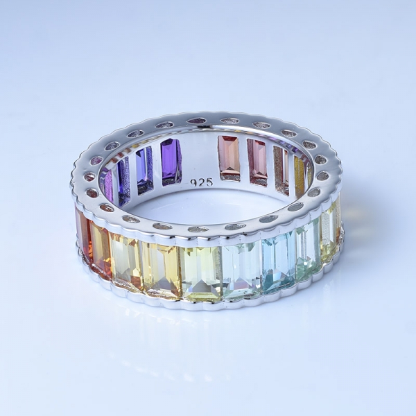 baguete corte multi cor corindo ródio sobre prata esterlina arco-íris anéis de celebridades 