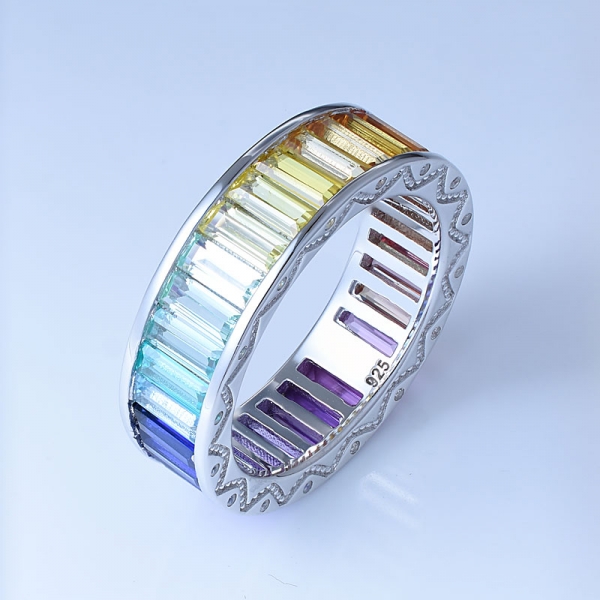baguete corte multi cor ródio corindo sobre prata esterlina anéis de arco-íris antigos 