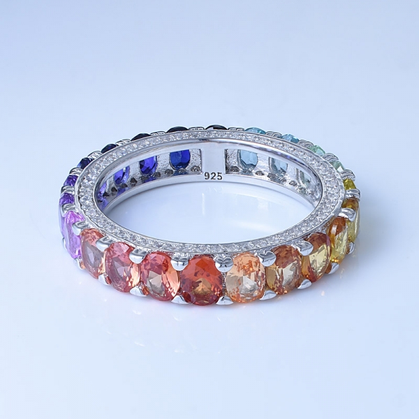 oval corte multi cor ródio corindo sobre prata esterlina feminino arco-íris anel 