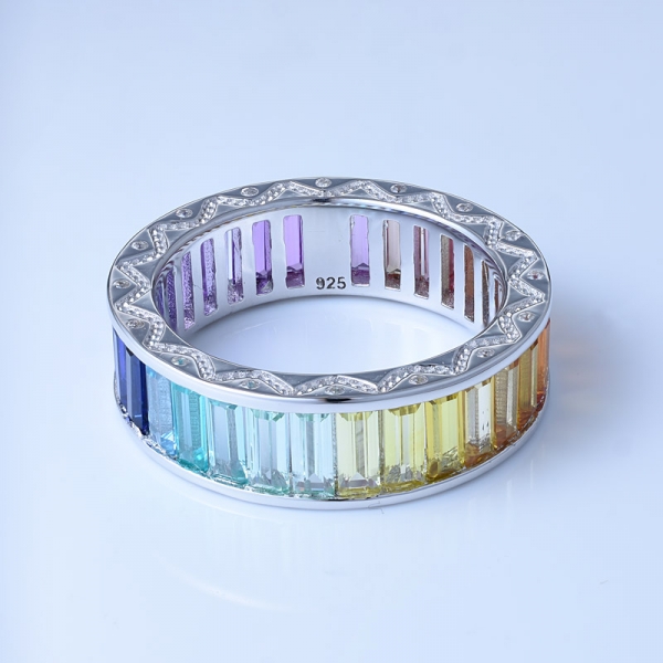 baguete corte multi cor ródio corindo sobre prata esterlina anéis de arco-íris antigos 