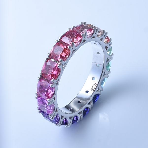 Almofada de corte multi cor ródio corindo sobre prata esterlina conjunto de arco-íris jóias anel de arco-íris 