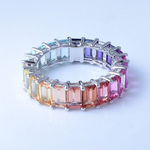 esmeralda multicolor safira cortar ródio sobre prata esterlina anel de banda de arco-íris 