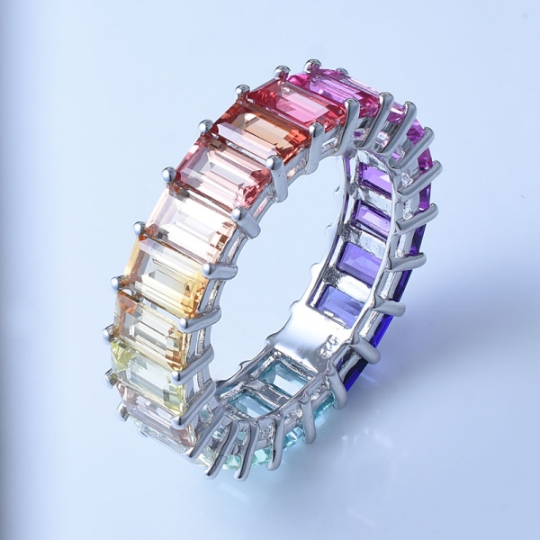 esmeralda multicolor safira cortar ródio sobre prata esterlina anel de banda de arco-íris 