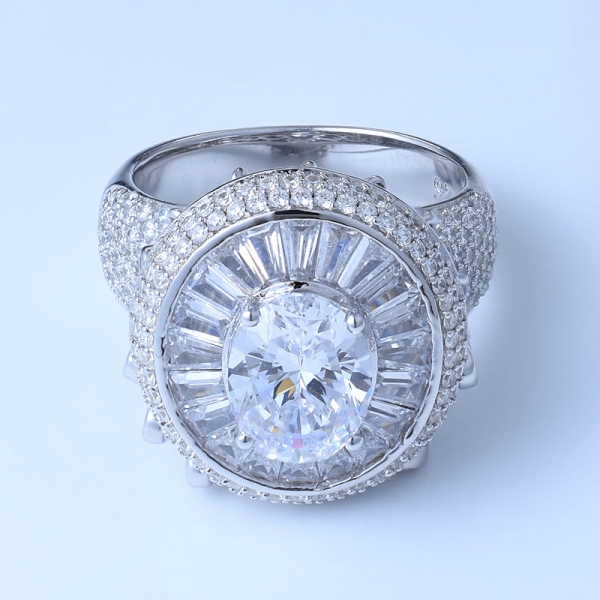 oval branco zircônia cúbica centro de ródio sobre anéis de noivado de prata esterlina 