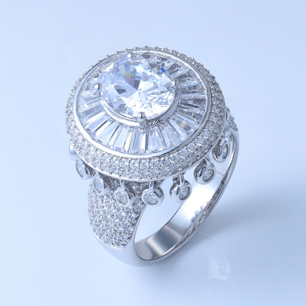 oval branco zircônia cúbica centro de ródio sobre anéis de noivado de prata esterlina 