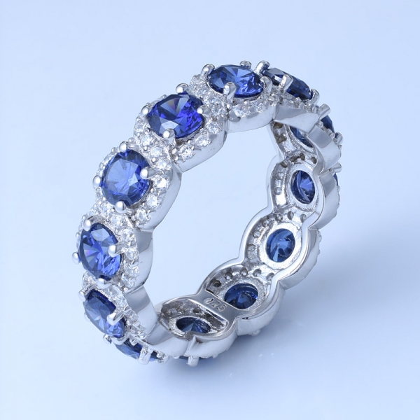 Prata esterlina 925 redonda azul anel tanzanite eternidade banda 