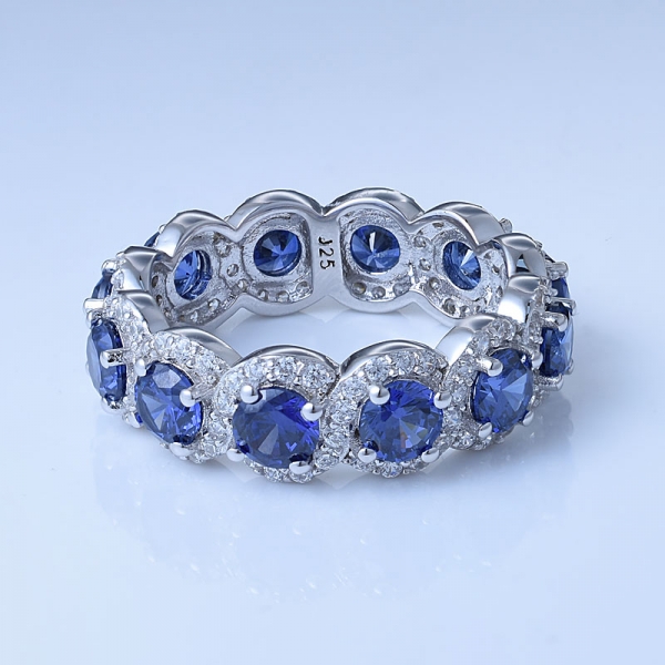 Prata esterlina 925 redonda azul anel tanzanite eternidade banda 