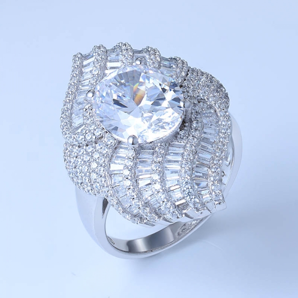 oval branco zircônia centro ródio sobre 925 anel de noivado de prata 