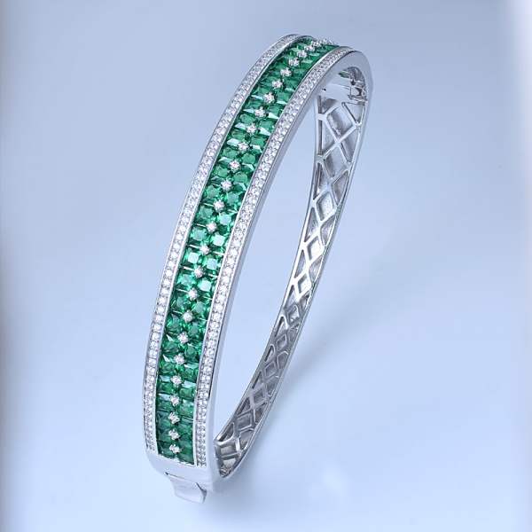 quadrado simular ródio verde esmeralda sobre pulseira de prata esterlina 