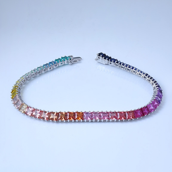 princesa corte ródio safira sintética sobre pulseira de prata esterlina para senhoras arco-íris 