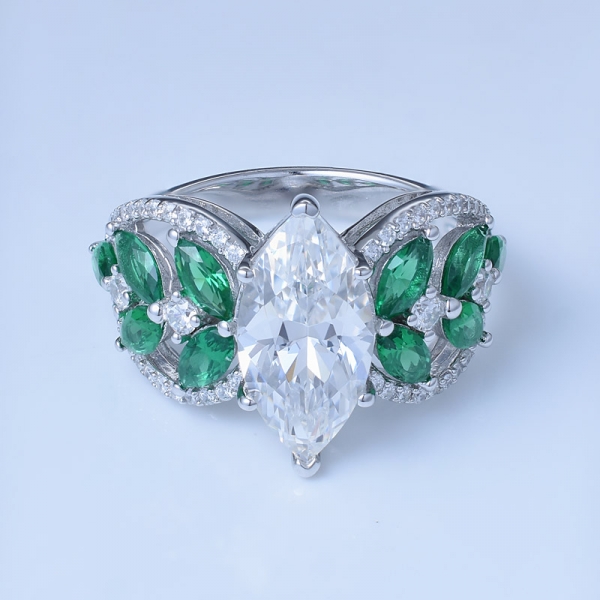 esmeralda verde e ródio branco cz sobre anéis marquise em prata esterlina 