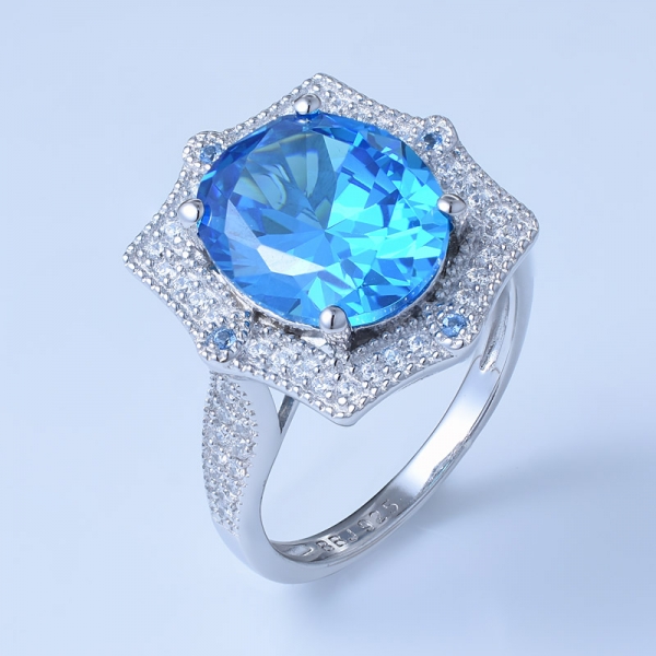 Ródio simulado oval de apatita azul neon de 4 ct sobre anel de noivado de design esterlino 