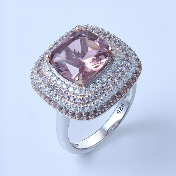 corte de almofada simular pedra morganita ouro rosa sobre conjuntos de anéis de prata esterlina 