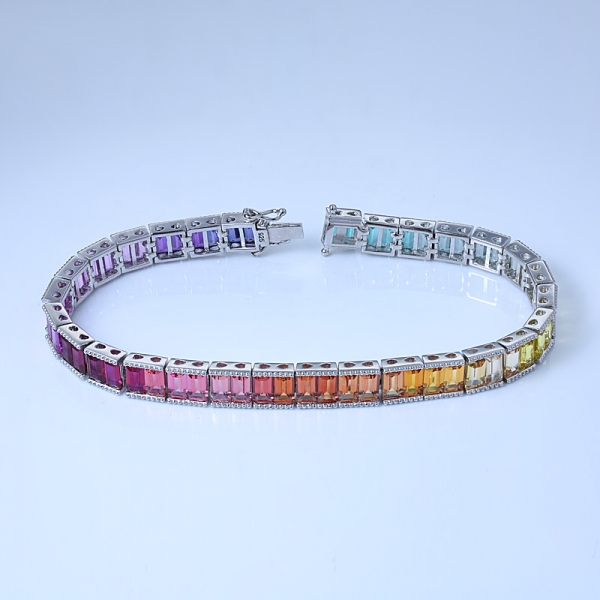 ródio de safira sintética sobre prata esterlina senhoras conjunto pulseira de arco-íris 