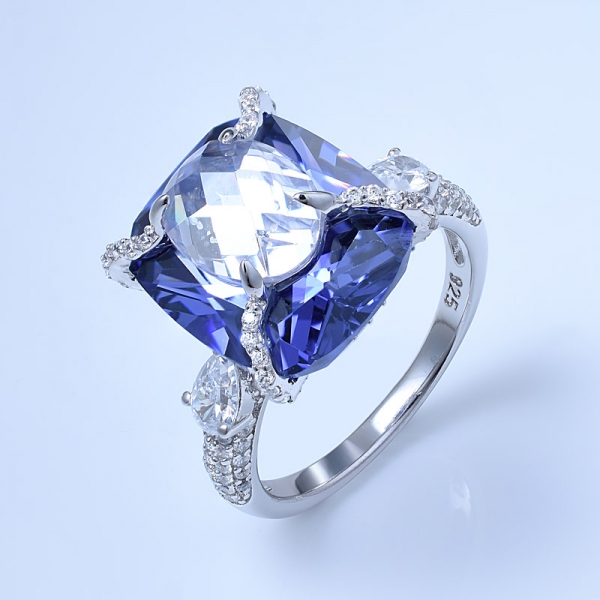almofada artesanal extravagante azul tanzanite 925 prata esterlina 2-pedra anéis de aniversário 