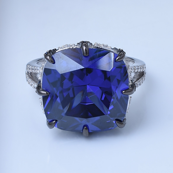 almofada de corte criado azul ródio tanzanita sobre 925 anel de noivado de prata esterlina 